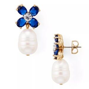 TORY BURCH BUDDY BLUE CLOVER PEARL DROP EARRINGS